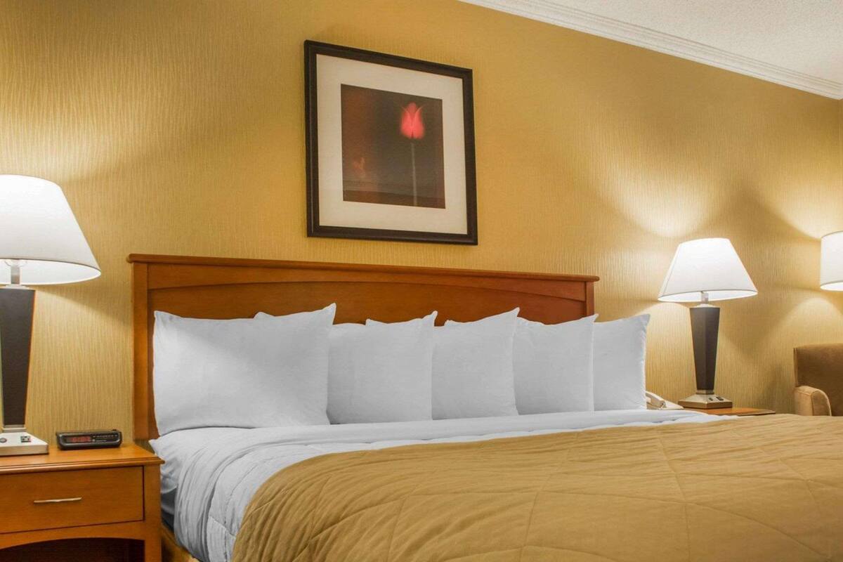A hotel room with a wooden headboard, a bed with white linens, a brown quilt, two bedside lamps, a nightstand with a phone, and a framed picture on the wall.