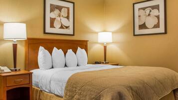 A hotel room with a large bed, two bedside lamps, a nightstand with a phone, and two framed floral pictures on the walls.