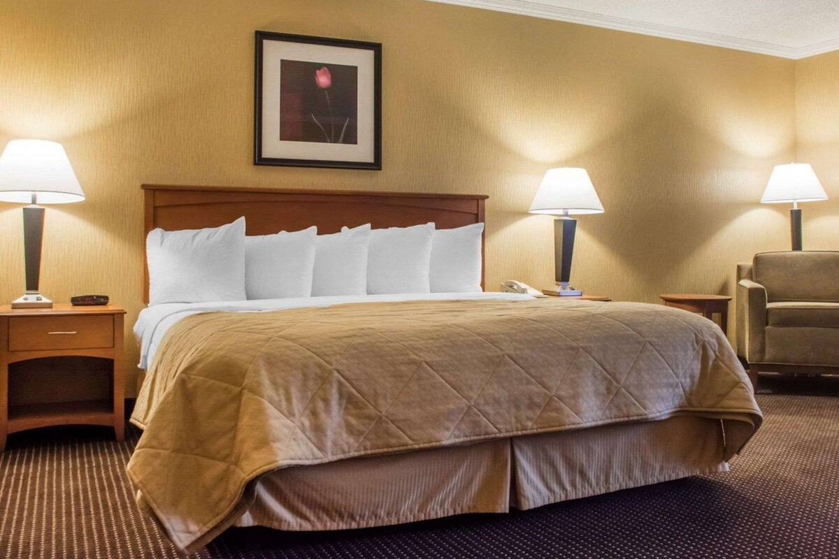 A hotel room with a large bed, two bedside lamps, a framed picture on the wall, and a chair.