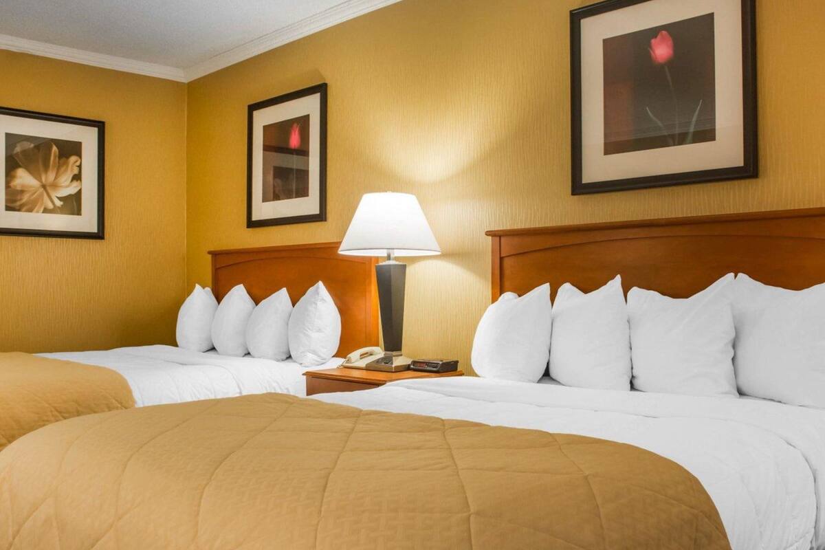 A hotel room with two beds, a nightstand with a lamp, and framed artwork on the walls.