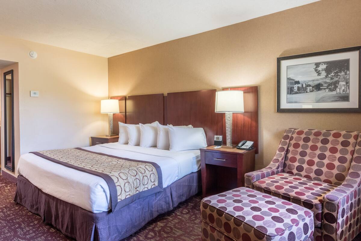 A hotel room with a large bed, two bedside tables with lamps, a chair with a polka dot pattern, and a framed picture on the wall.