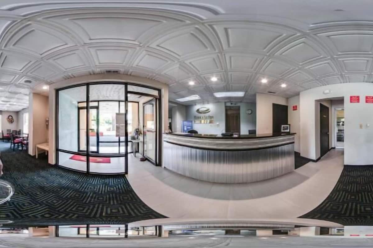 Un vestíbulo de hotel con mostrador de recepción, una mampara de vidrio y una alfombra estampada.