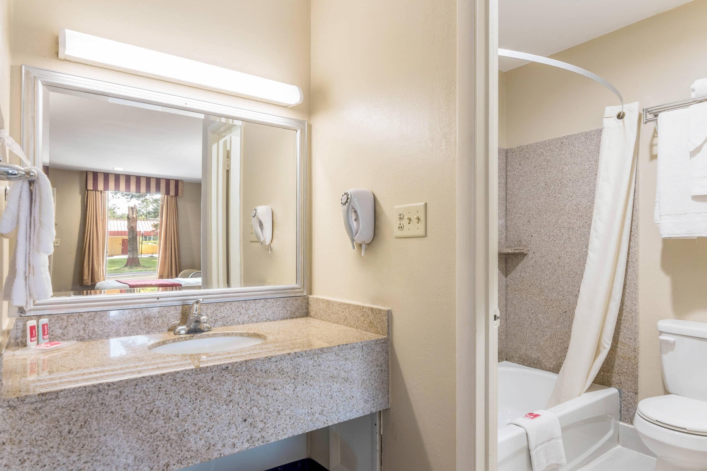 A bathroom with a granite countertop sink, a mirror, a shower curtain, and a toilet.