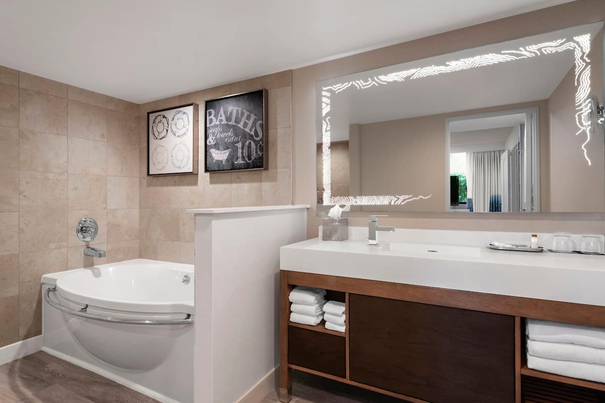 combined shower/bathtub, designer toiletries, hair dryer, bathrobes