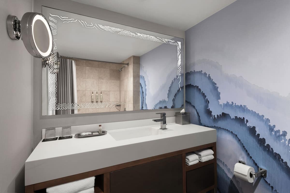 combined shower/bathtub, designer toiletries, hair dryer, bathrobes