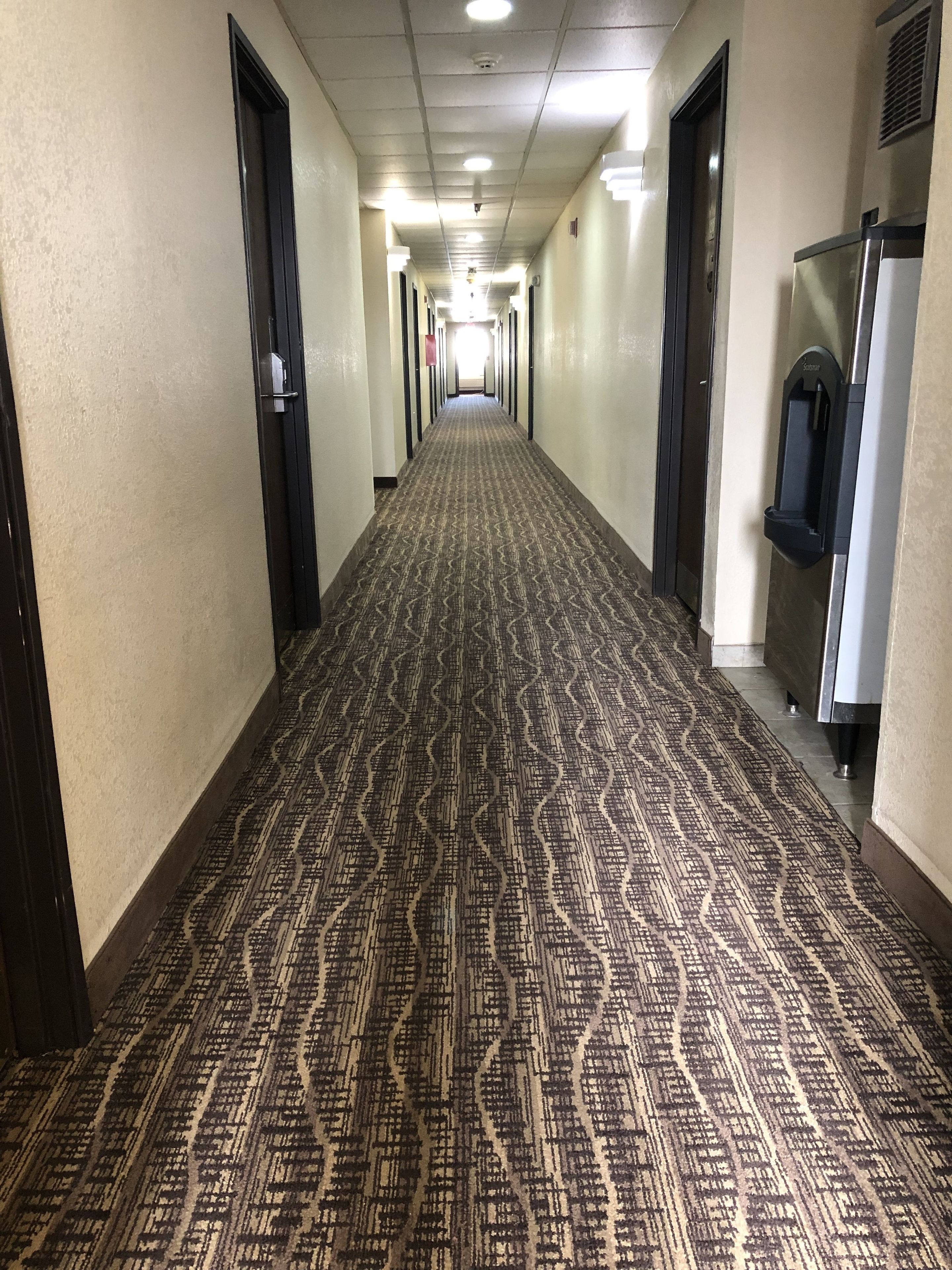 A hotel hallway with patterned carpet, doors, and a vending machine.