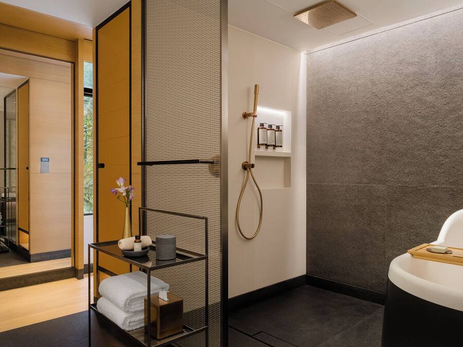 A modern bathroom with a shower, a bathtub, and a toilet. There is a towel rack and a shelf with toiletries.
