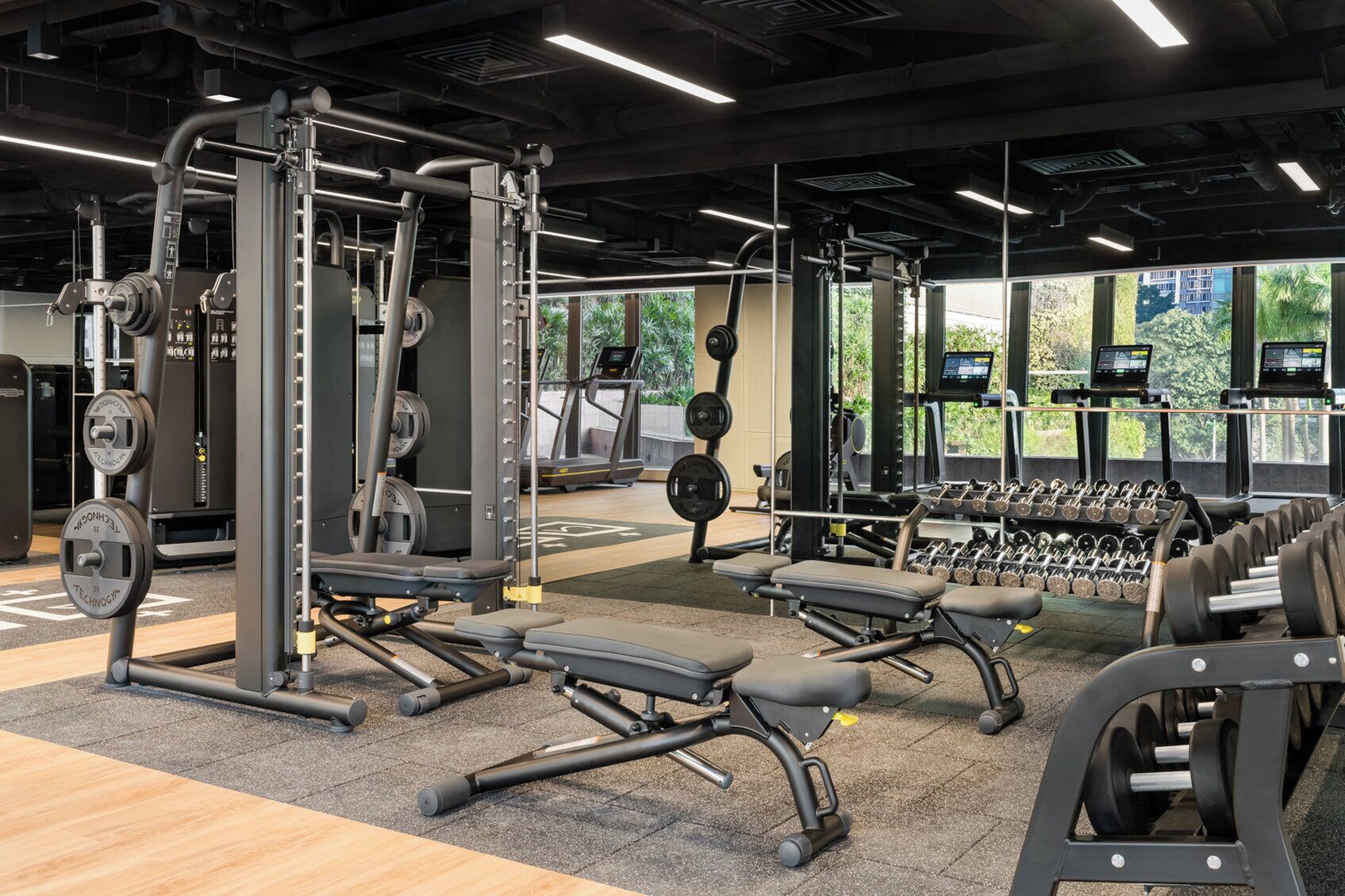A gym with weightlifting equipment, treadmills, and dumbbells.