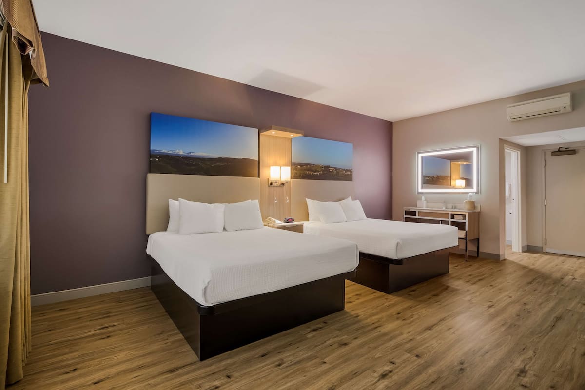 Habitación de hotel con dos camas, un escritorio, un espejo y vistas a la ciudad.