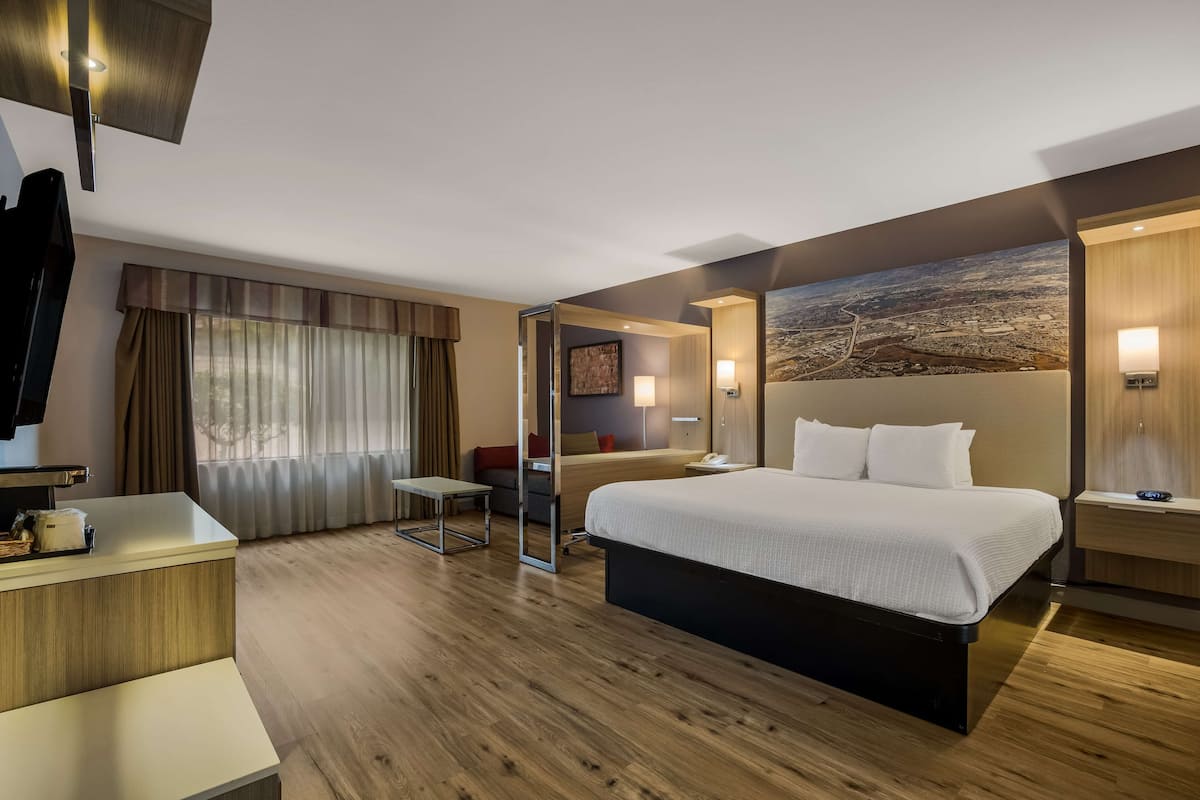Habitación de hotel moderna con una cama grande, un escritorio, un televisor y un mural con vistas a la ciudad.