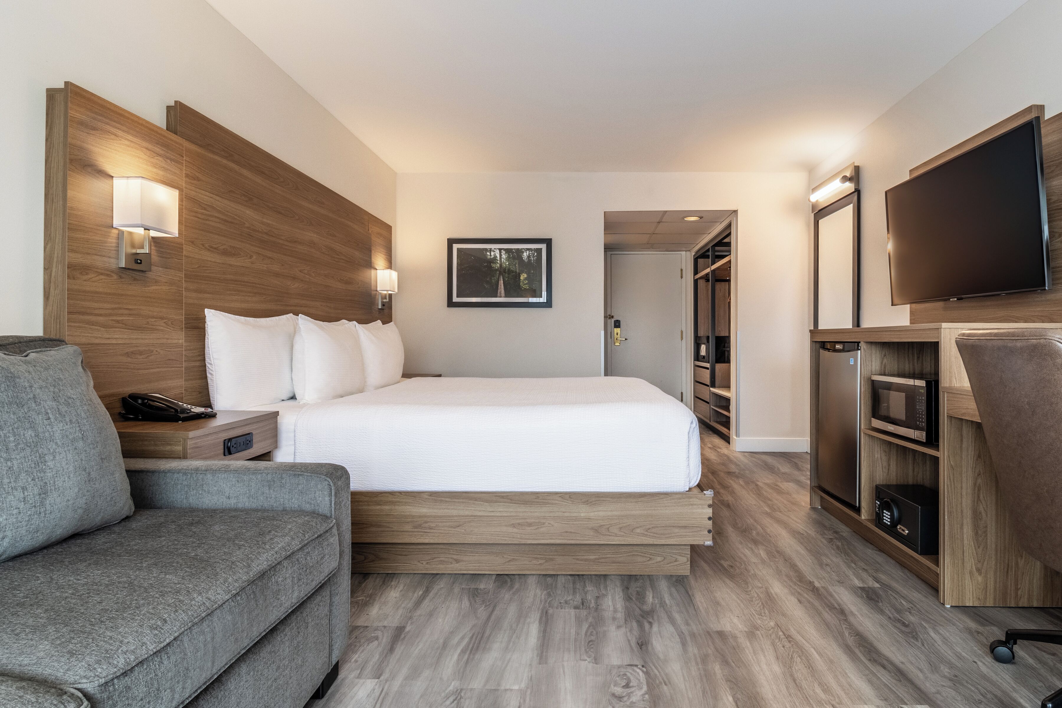 A hotel room with a bed, a sofa, a TV, a microwave, and a wooden headboard.
