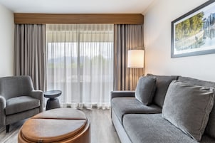 Suite, 1 cama de matrimonio grande con sofá cama, cocina básica, en esquina | Zona de estar | Smart TV de 50 pulgadas con canales por cable
