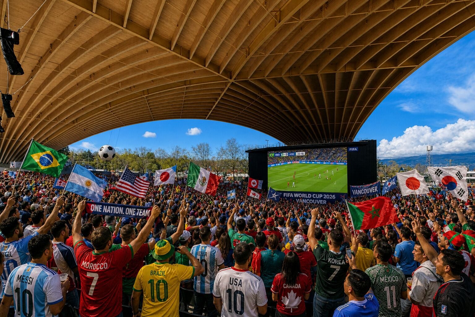 A stadium filled with spectators holding flags, with a large screen displaying a soccer match.