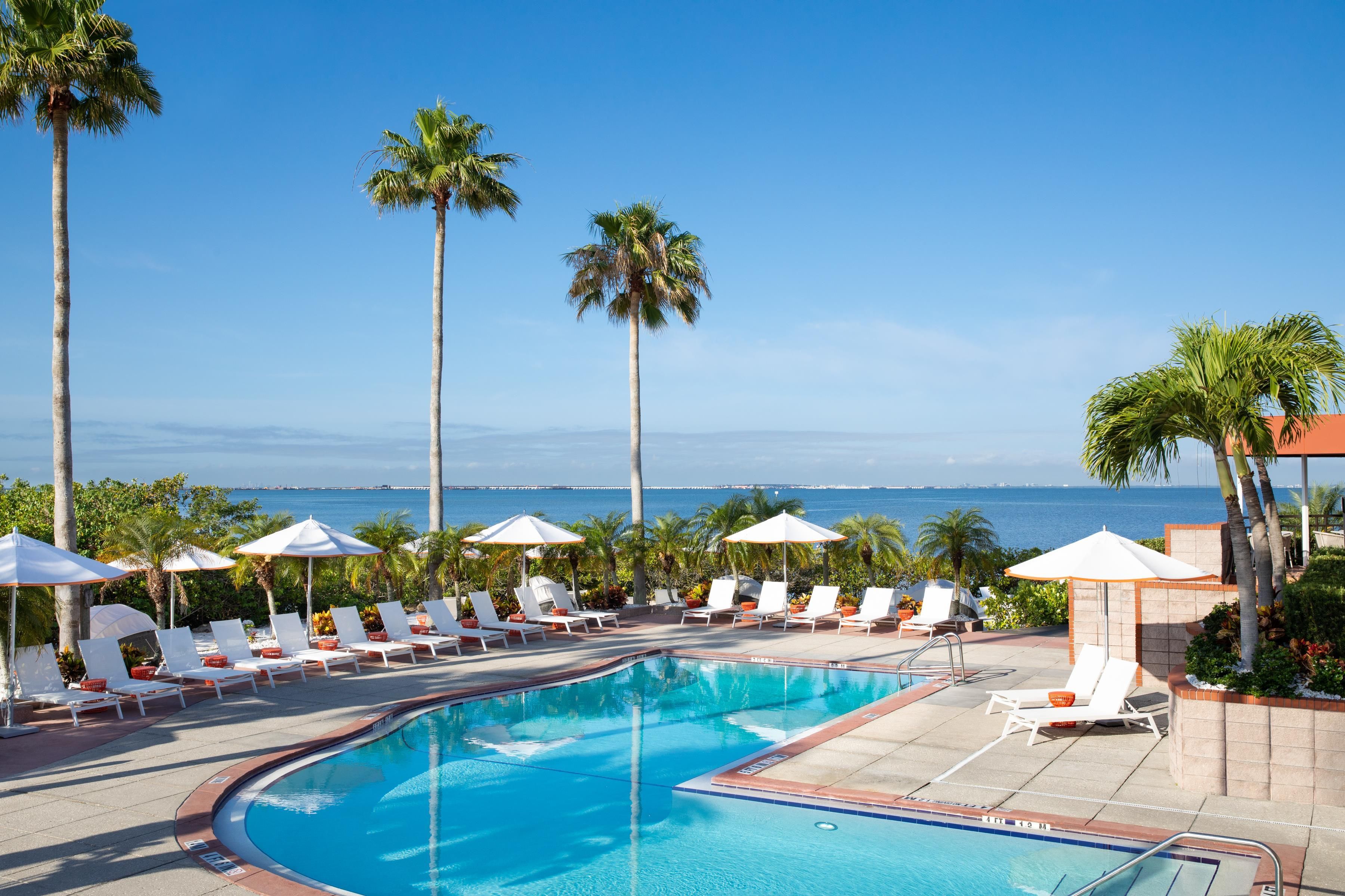 A pool area with lounge chairs and umbrellas, surrounded by palm trees and a view of the ocean.