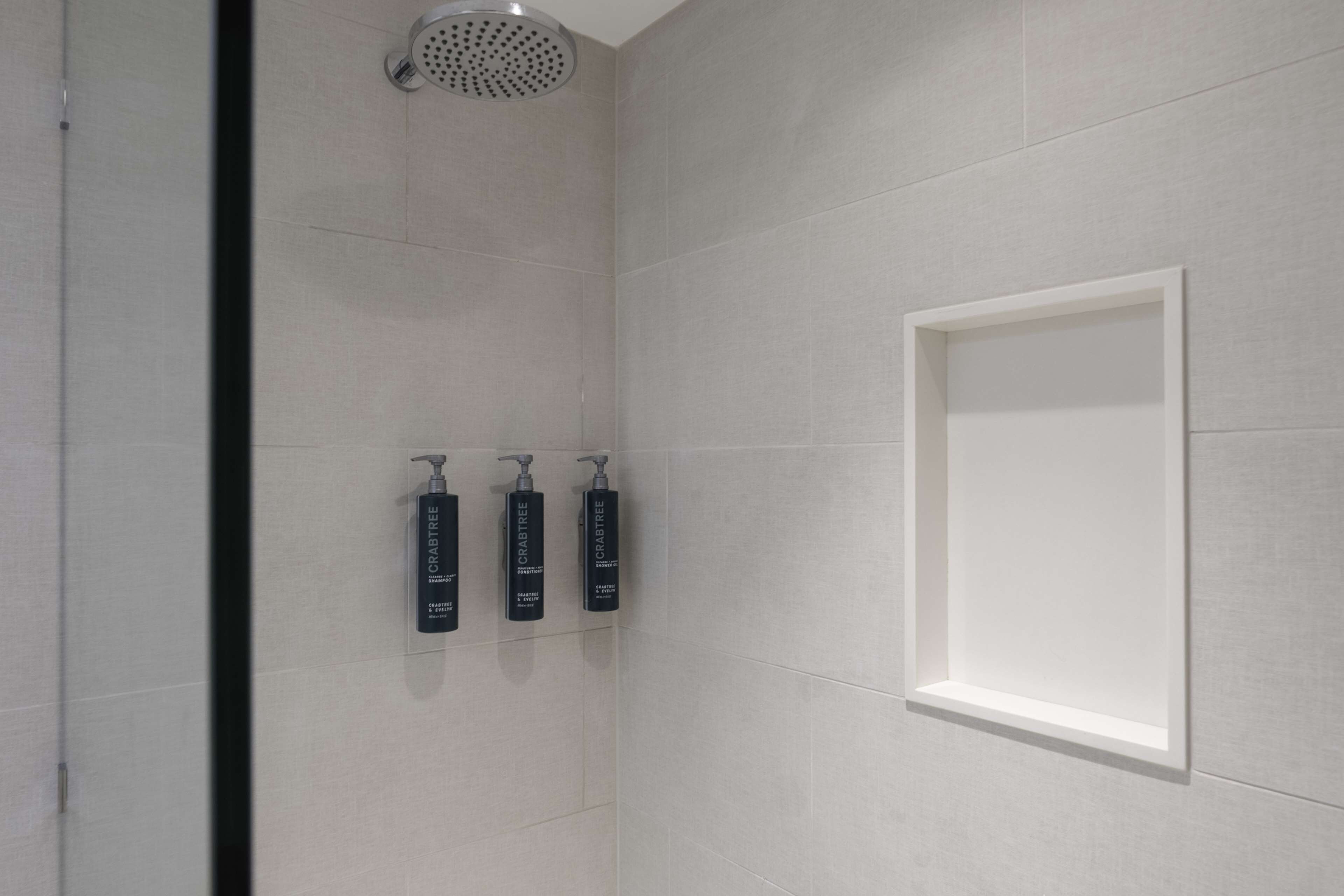 A modern bathroom with a shower, three wall-mounted grabbers, and a framed mirror.