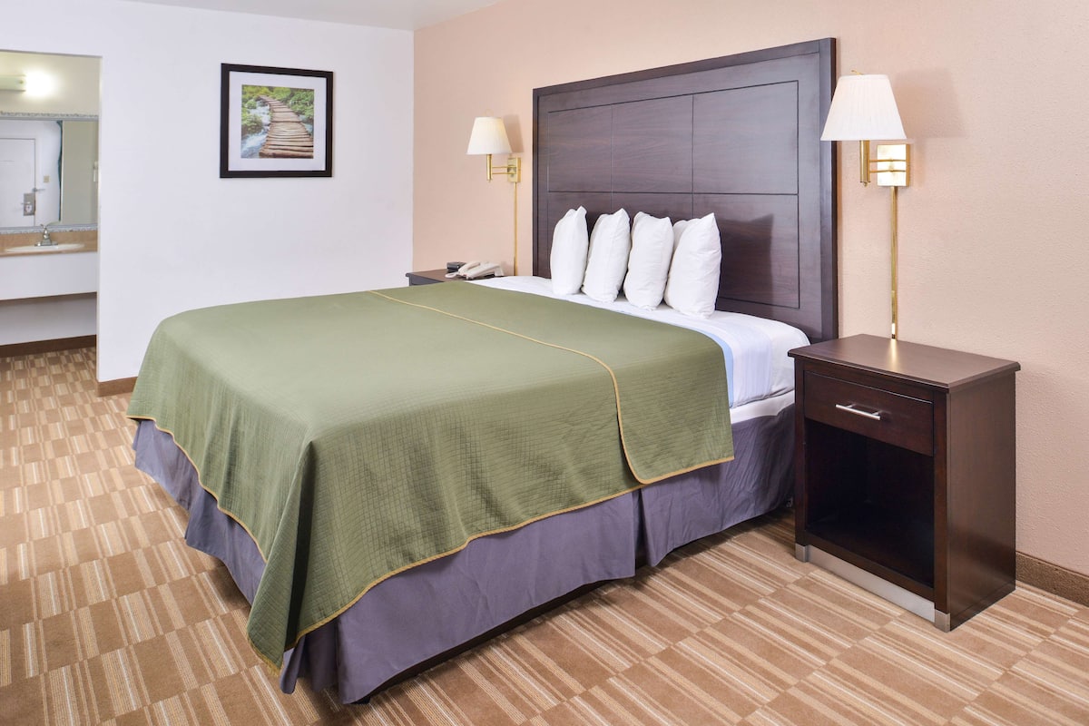 Une chambre d’hôtel avec un grand lit, une table de chevet avec une lampe, une commode et un tableau encadré au mur.