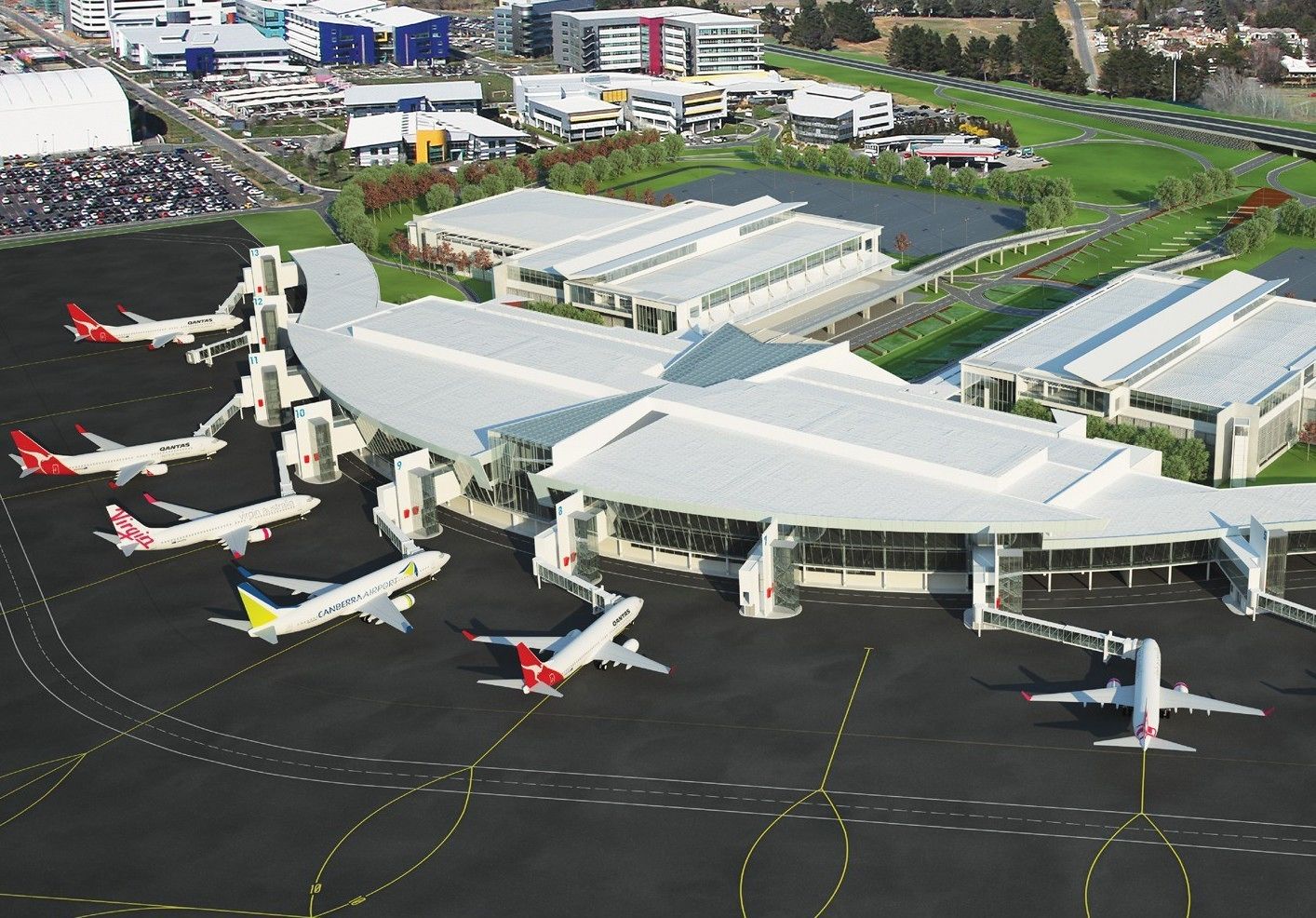 Una terminal de aeropuerto con varias pasarelas de acceso y aviones estacionados.