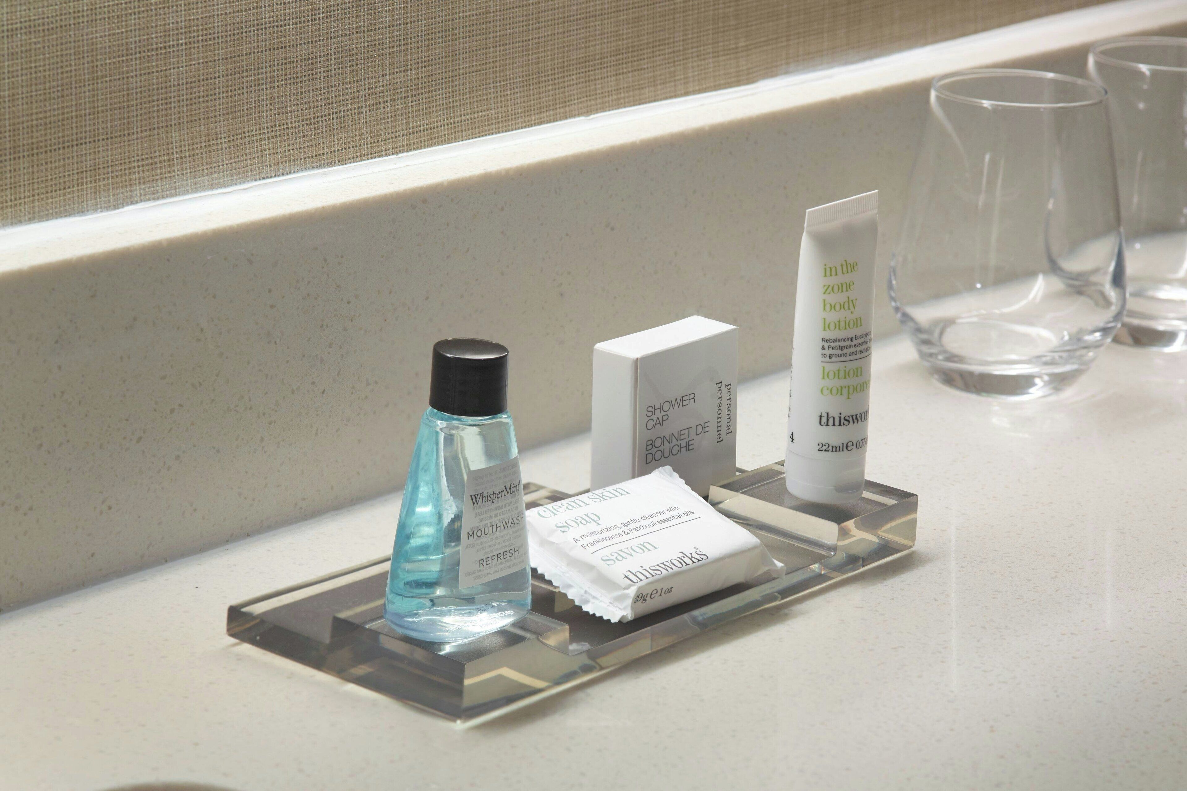 combined shower/bathtub, free toiletries, hair dryer, towels