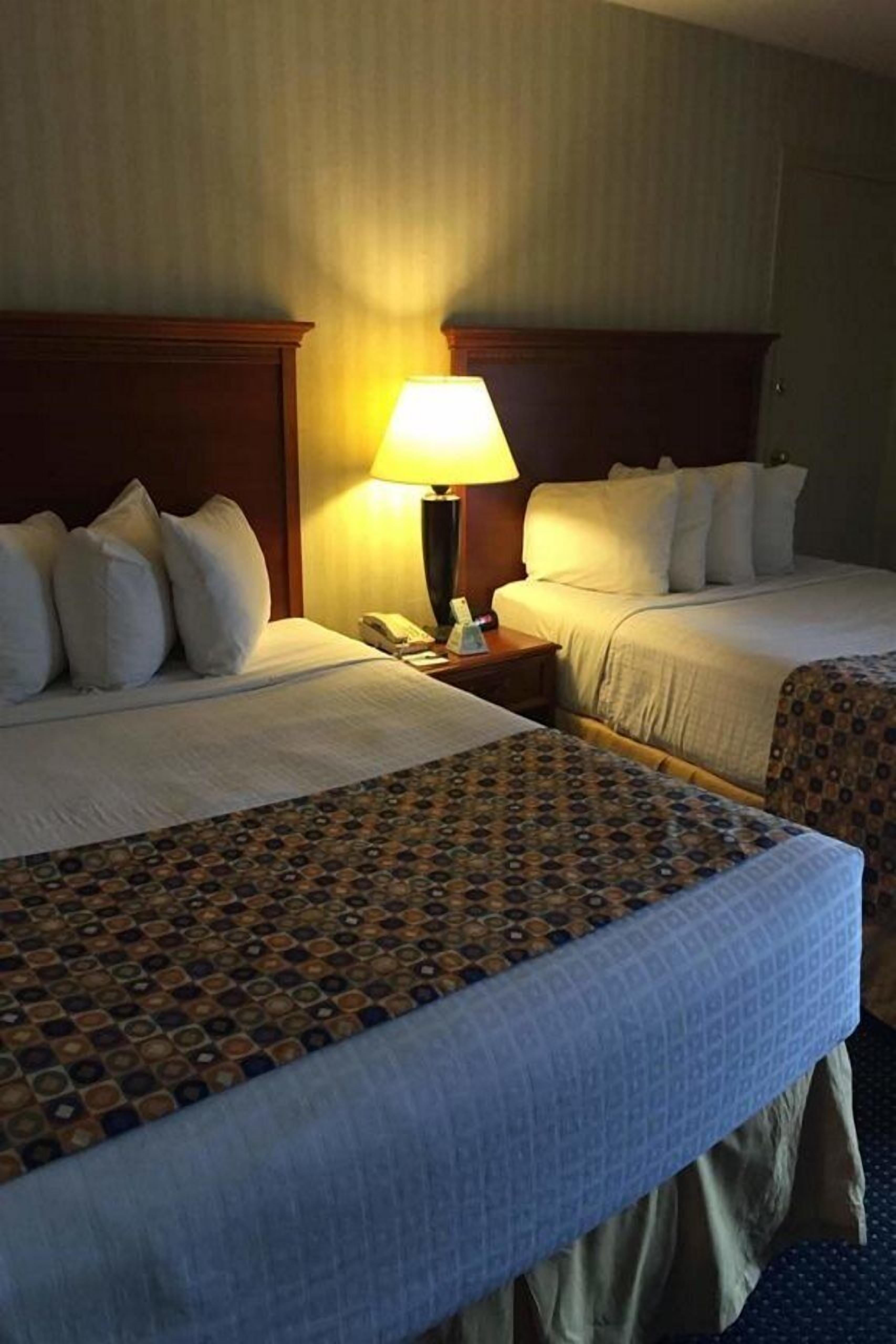 A hotel room with two beds, a nightstand with a lamp, and a telephone.