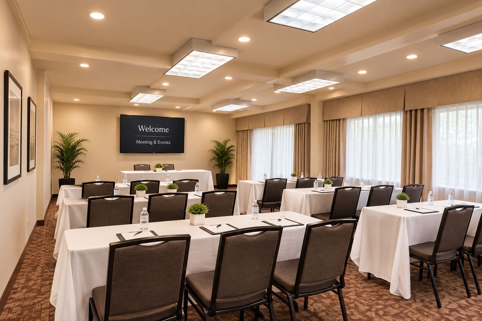Un salón de conferencias con mesas, sillas, una pantalla de bienvenida y plantas en macetas.