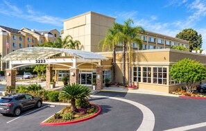 A hotel entrance with a covered walkway, palm trees, and a parking lot.