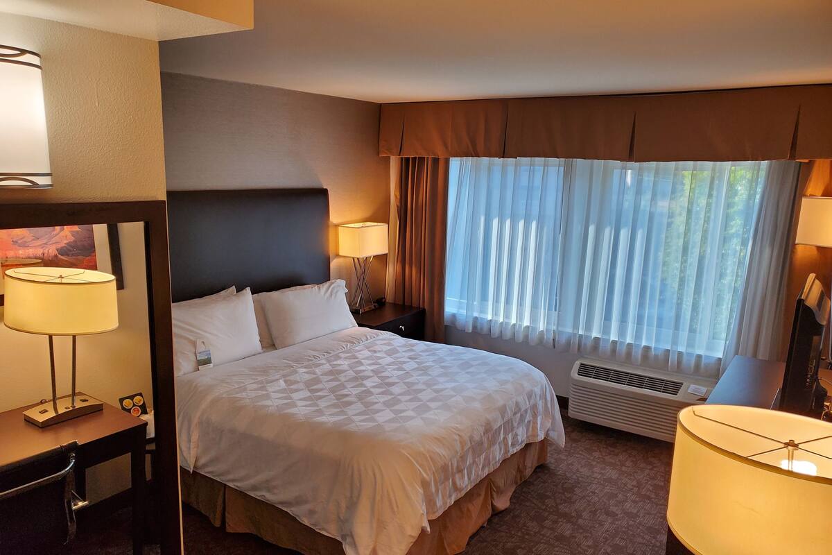 A hotel room with a bed, two bedside lamps, a desk with a lamp, a painting, a window with curtains, and a radiator.