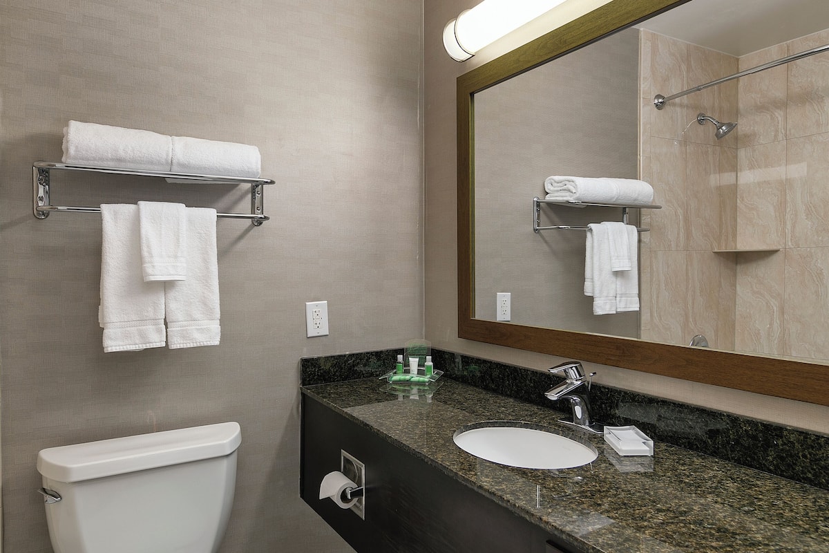 A modern bathroom with a toilet, sink, and a large mirror.