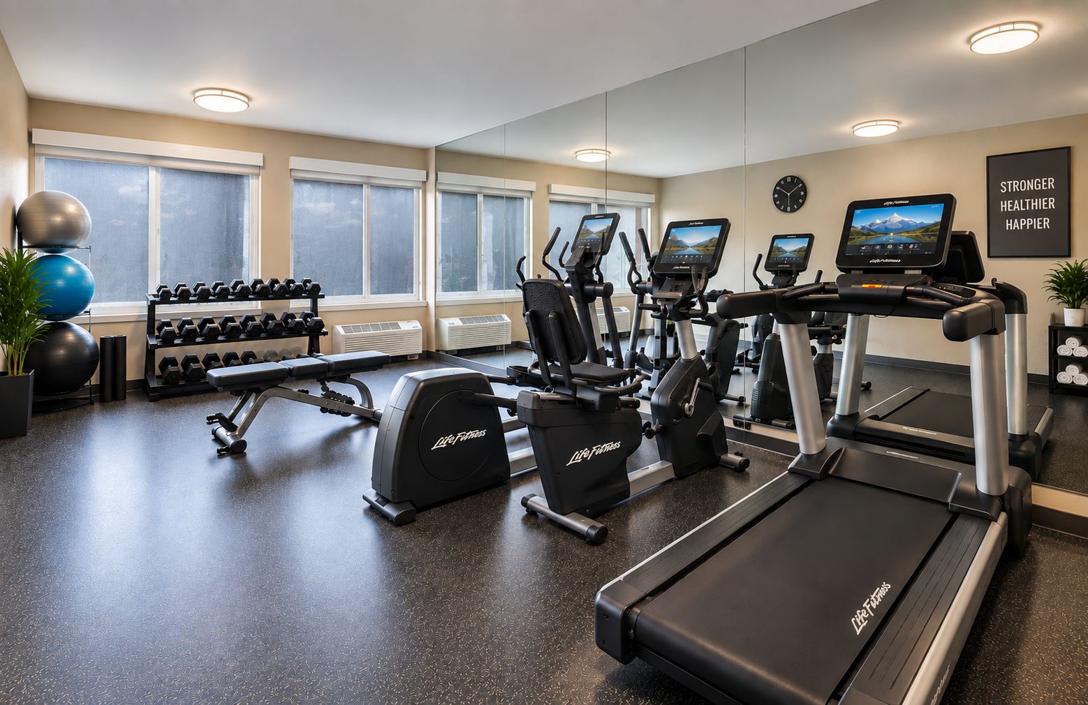 A gym with treadmills, elliptical machines, and free weights.