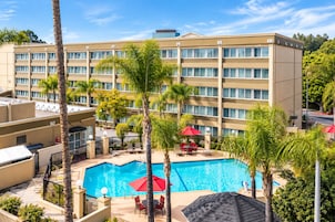 A hotel with a swimming pool, palm trees, and outdoor seating.