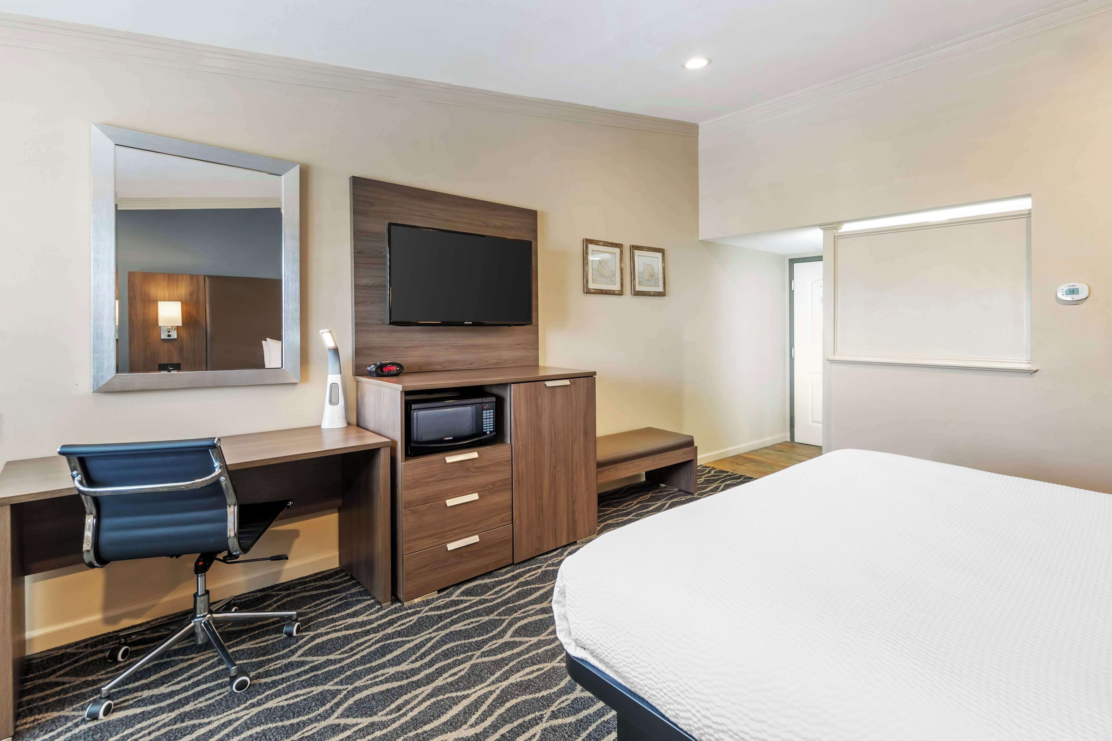 Une chambre d’hôtel comprenant un lit, un bureau avec une chaise, une télévision, un four à micro-ondes et un grand miroir.