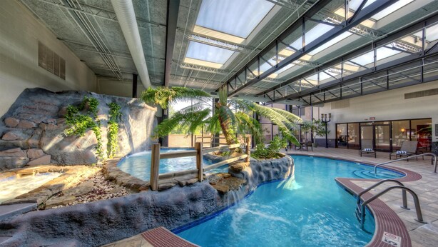 An indoor swimming pool with a waterfall feature, surrounded by rocks and plants.