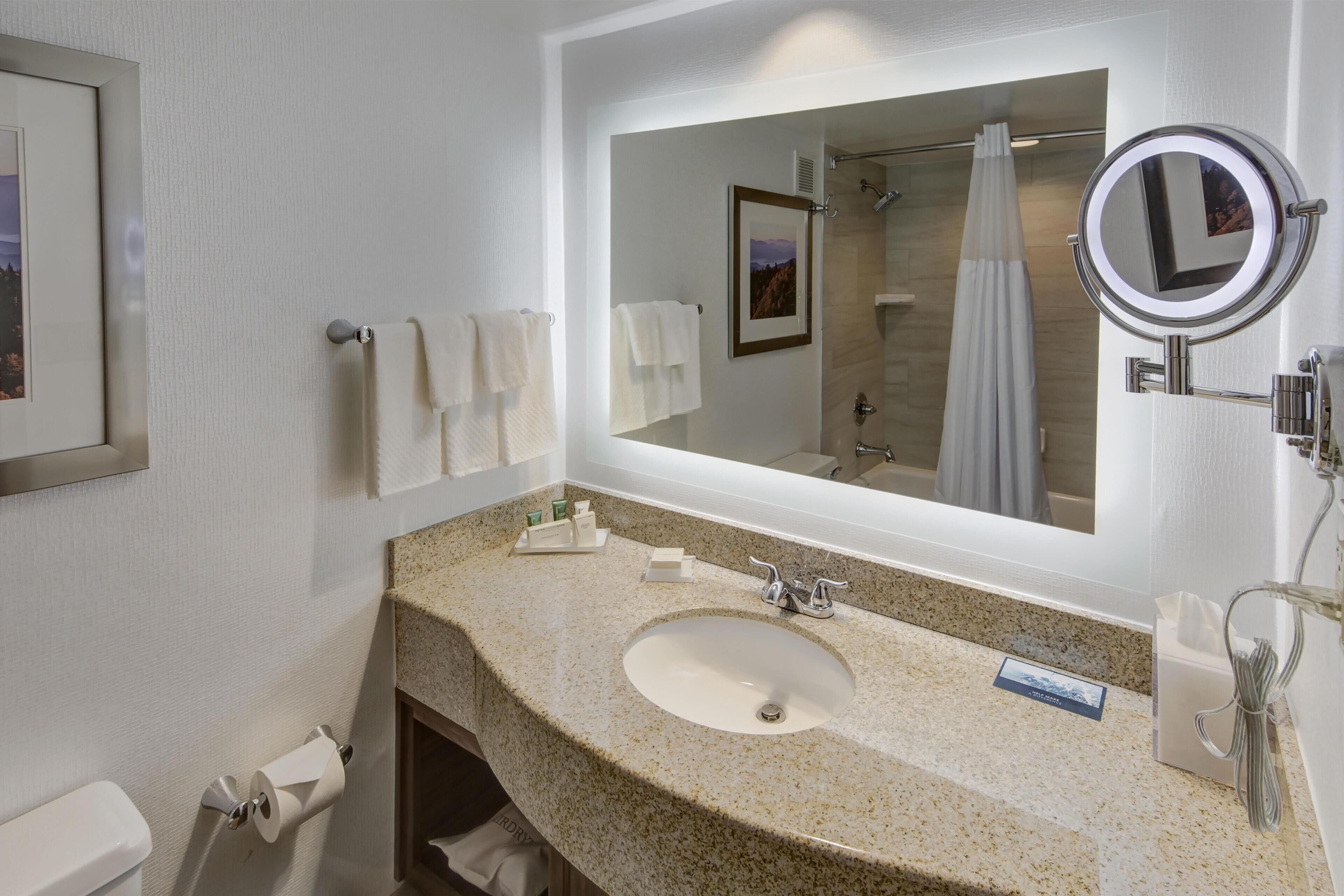 A bathroom with a sink, mirror, towel rack, and shower curtain.