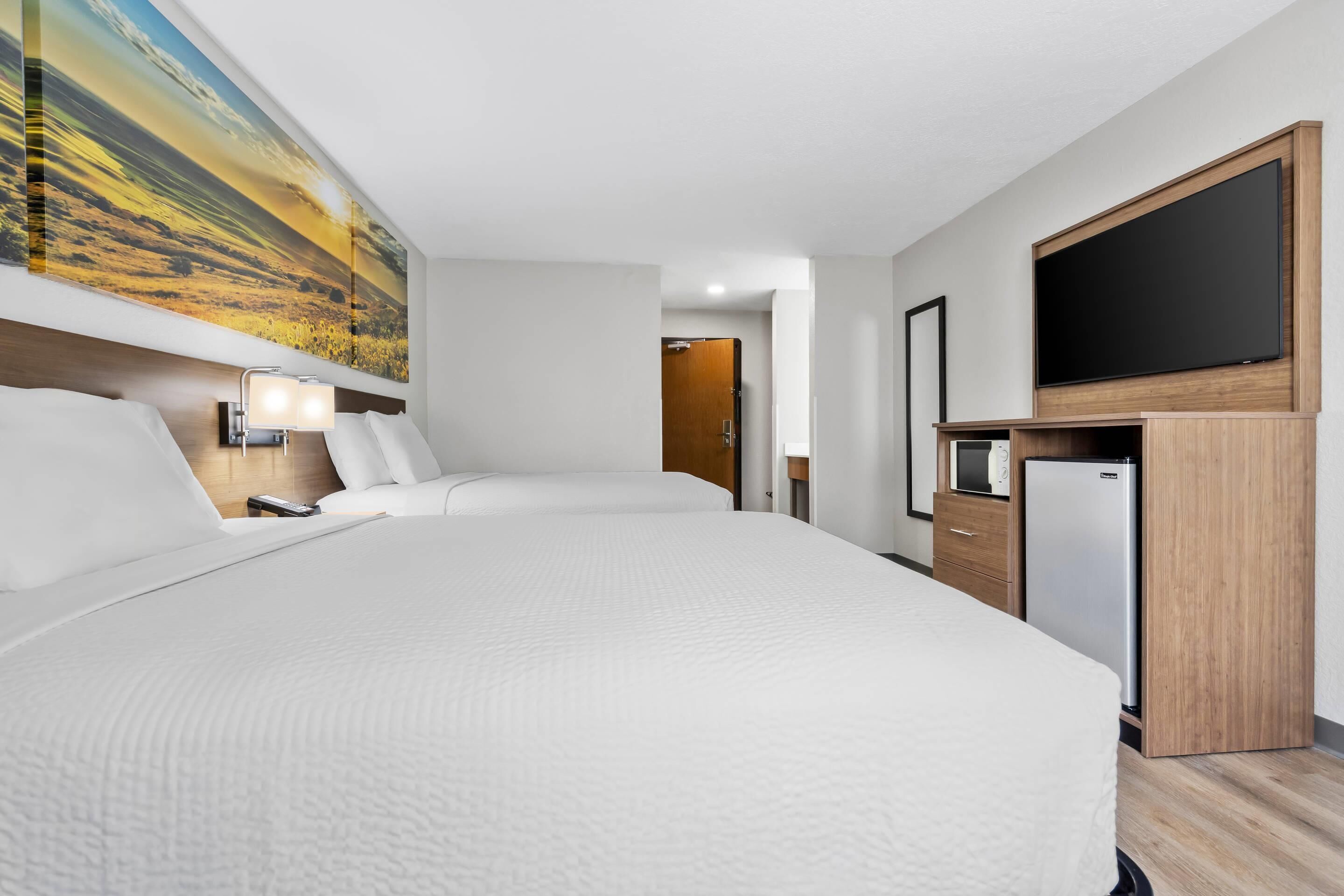Une chambre d’hôtel avec un grand lit, un téléviseur à écran plat, un réfrigérateur et un tableau au mur.