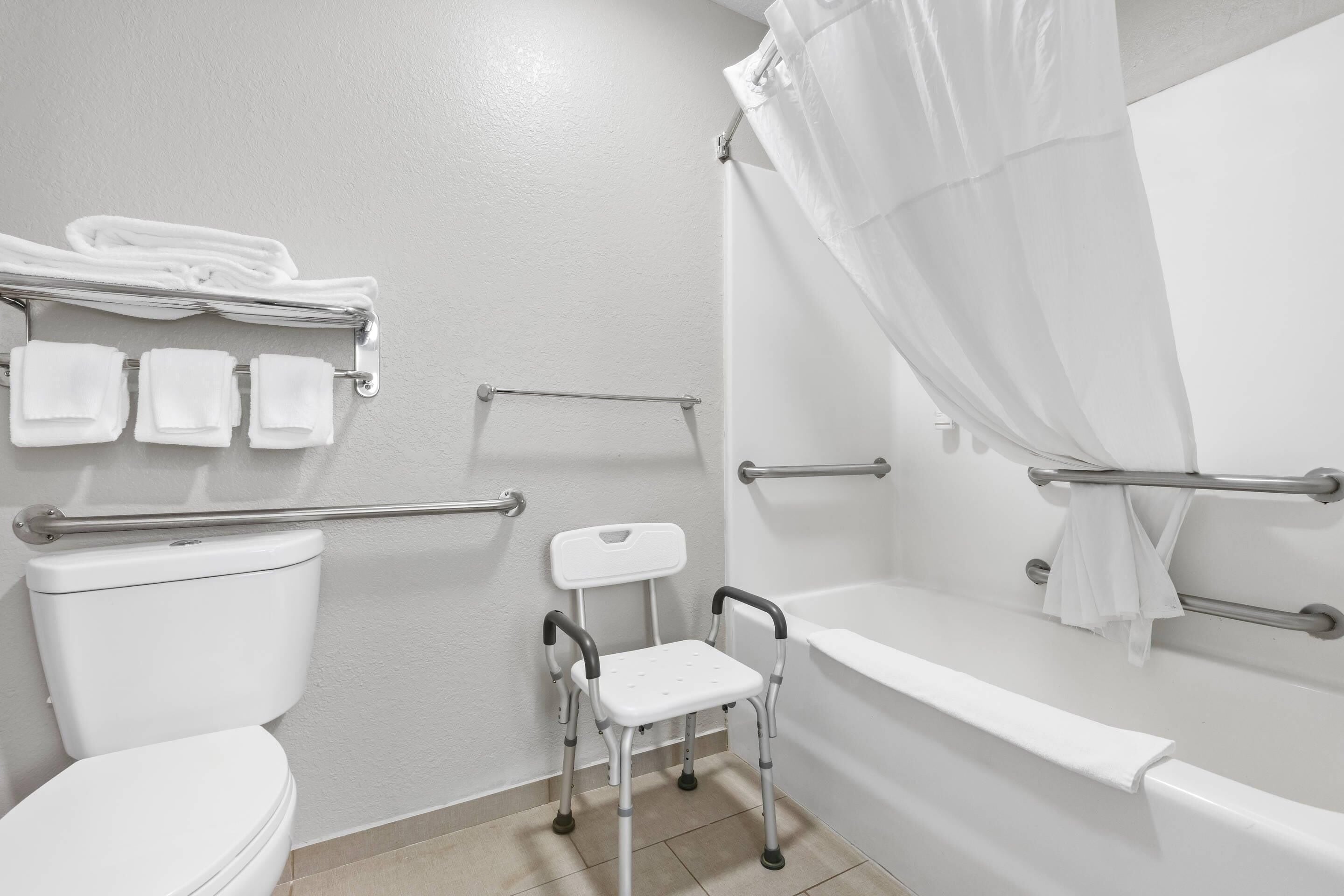 A bathroom with a toilet, a shower with a curtain, a grab bar, and a wheelchair-accessible bench.