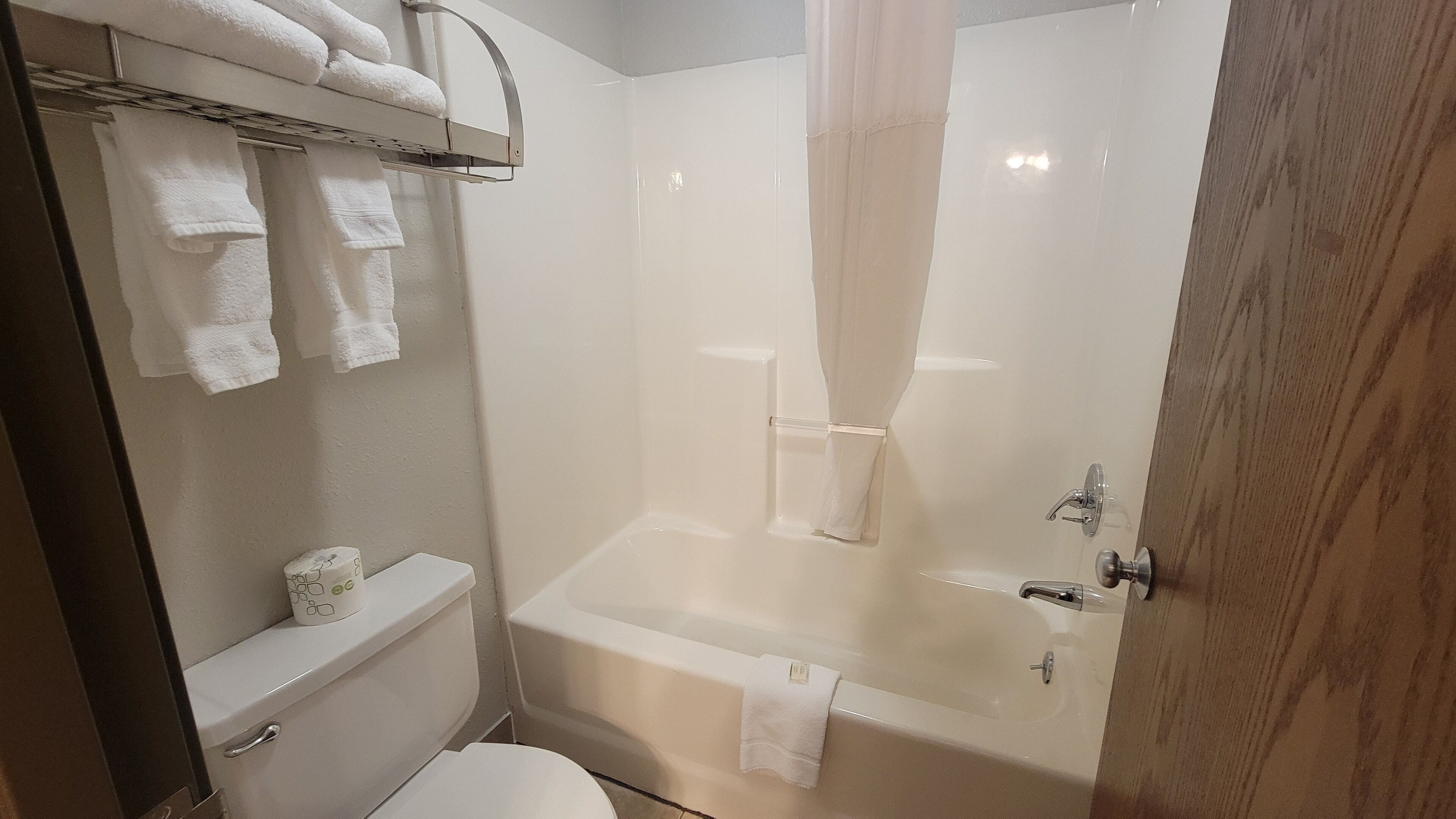 combined shower/bathtub, free toiletries, hair dryer, towels