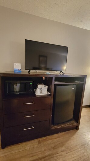 Desk, laptop workspace, blackout curtains, iron/ironing board