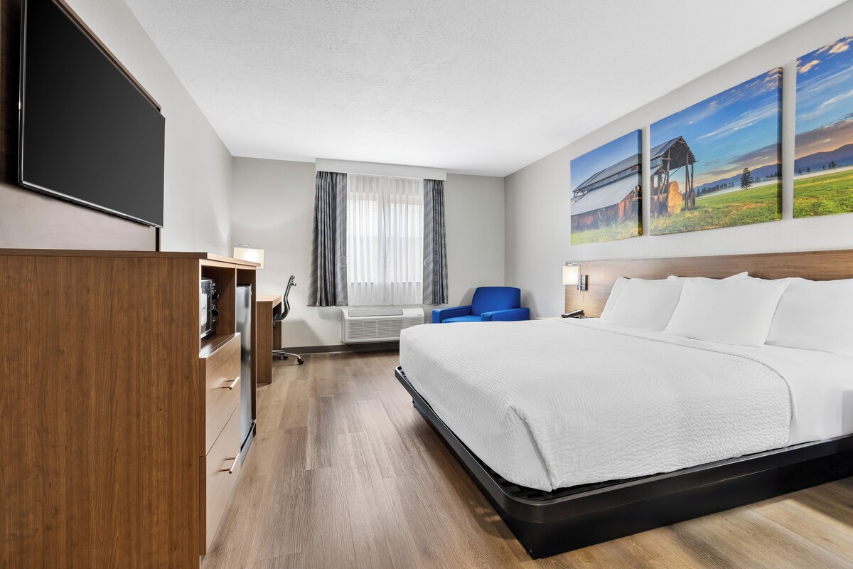 A hotel room with a bed, a desk, a chair, a TV, and a window with curtains.