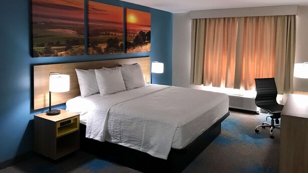 A hotel room with a bed, bedside table, lamp, chair, and a large window with curtains.