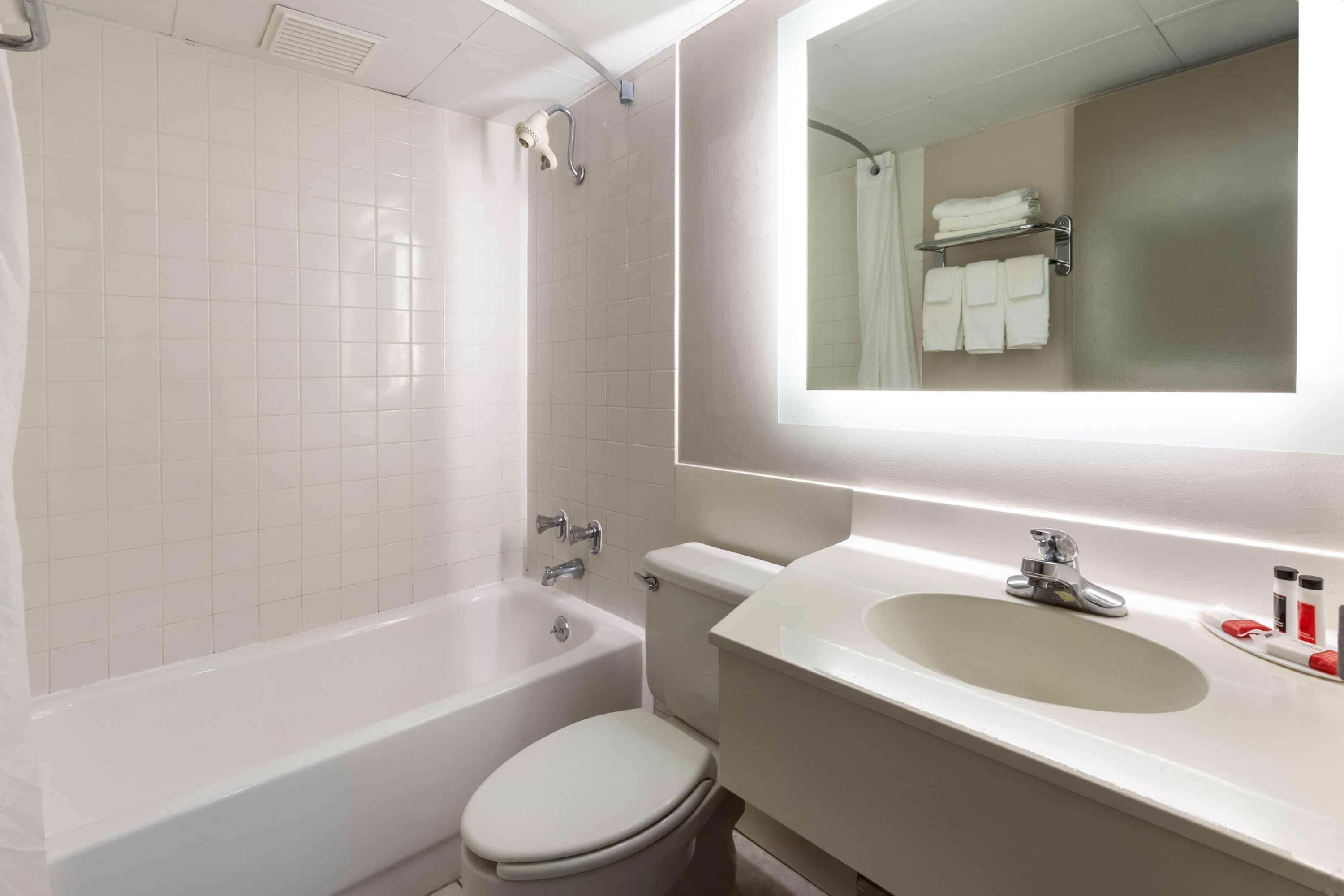 Combined shower/tub, free toiletries, hair dryer, towels