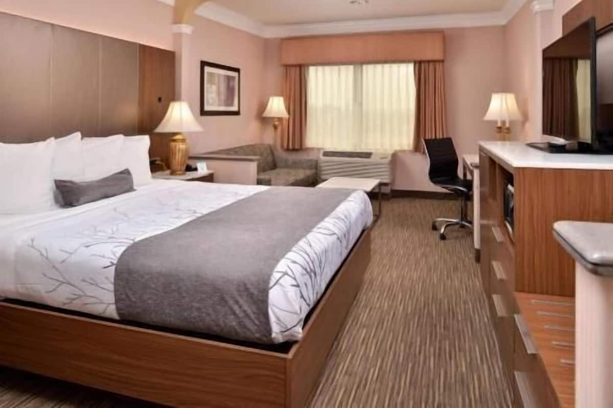 Una habitación de hotel con una cama grande, un escritorio, una silla y un televisor.