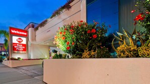 Entrada de un hotel con un letrero de 'Welcome', un letrero de 'Best Western PLUS' y una variedad de flores y plantas coloridas.