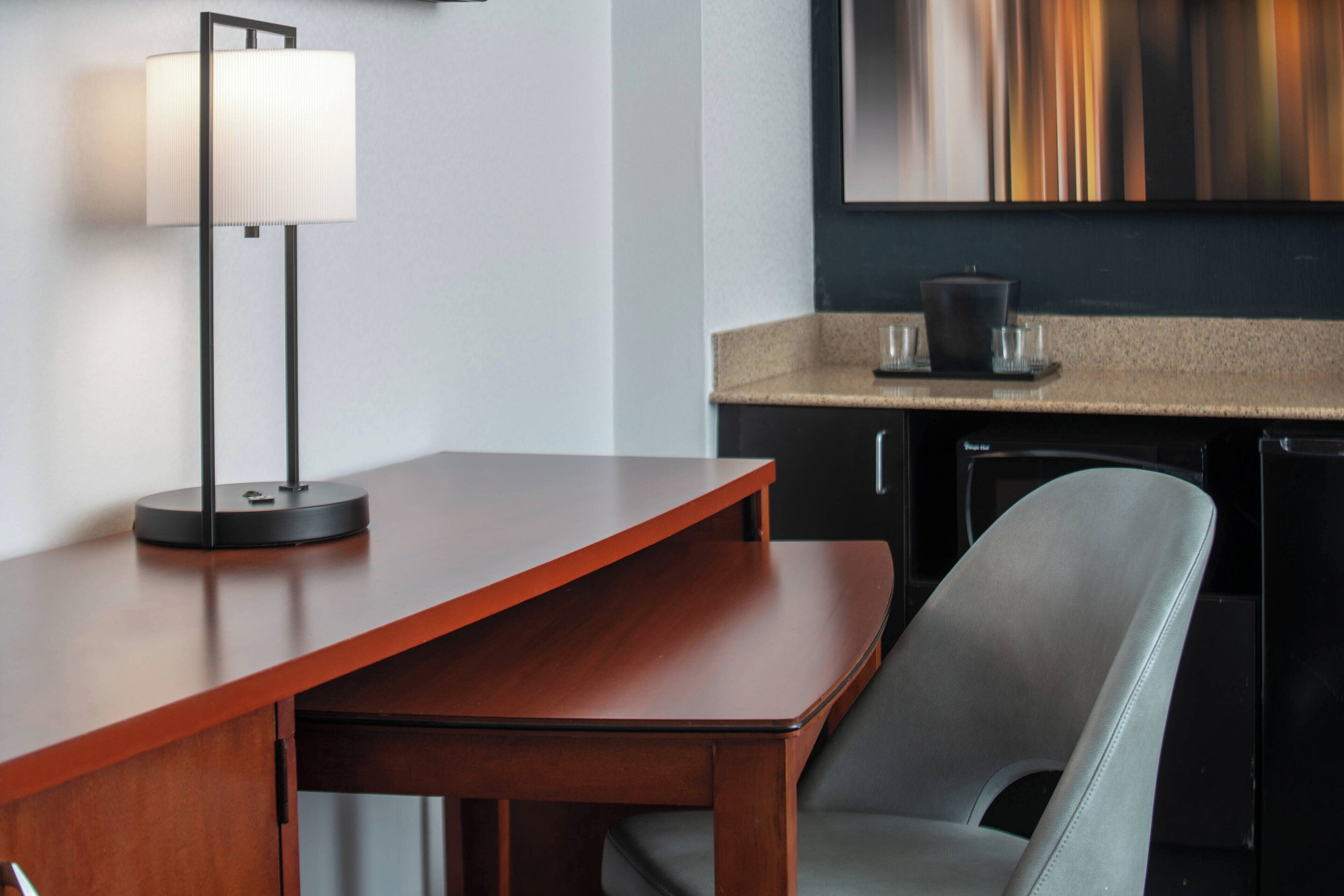 premium bedding, down duvets, desk, blackout curtains