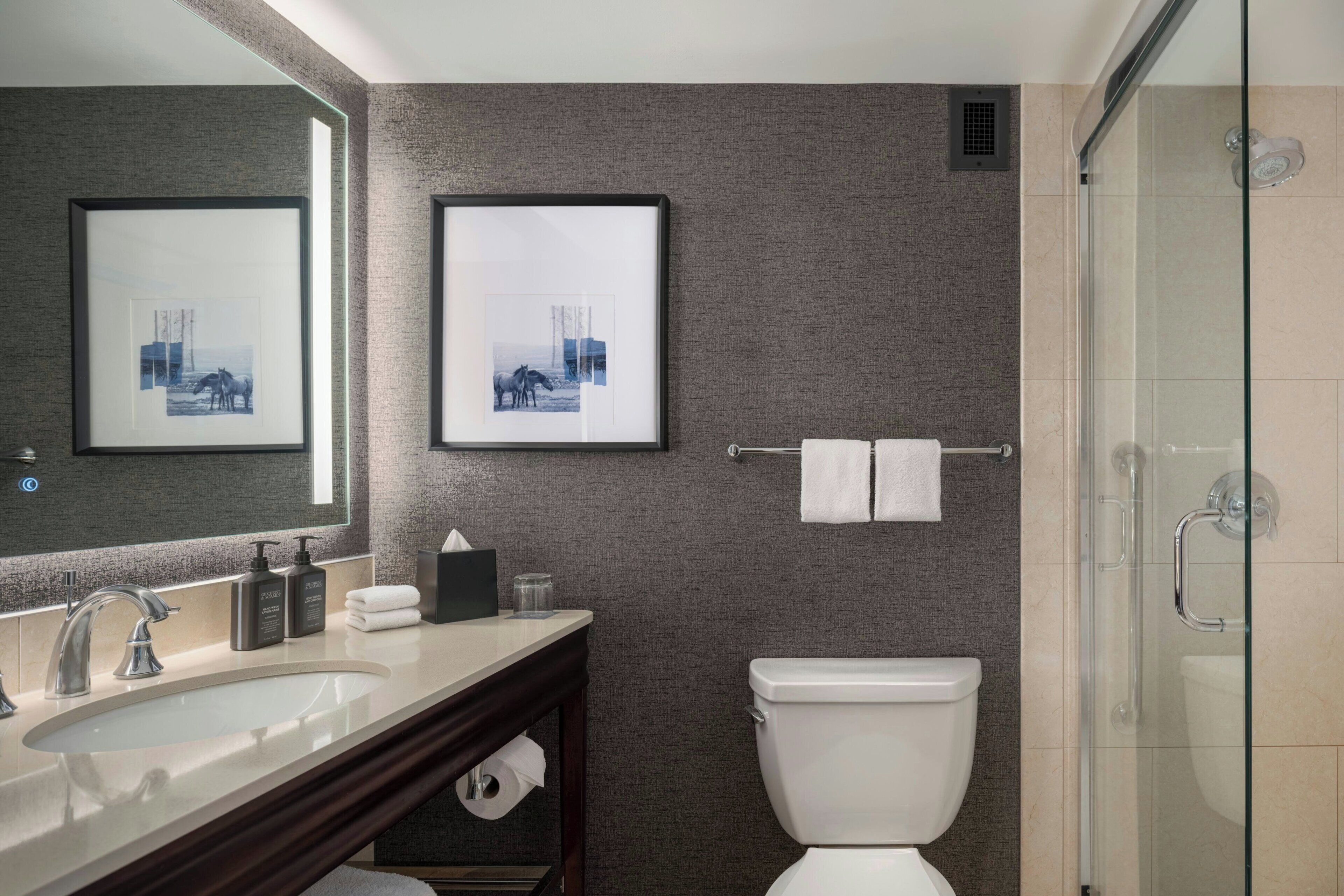 A modern bathroom with a large mirror, a sink, a toilet, and a shower.