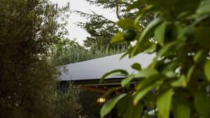 Un espace extérieur aménagé avec un canapé, deux tables rondes dotées de foyers intégrés et des plantes en pot.