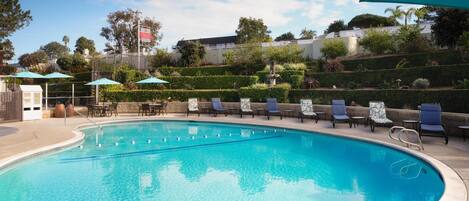 A swimming pool with lounge chairs and umbrellas, surrounded by landscaped gardens and a building in the background.