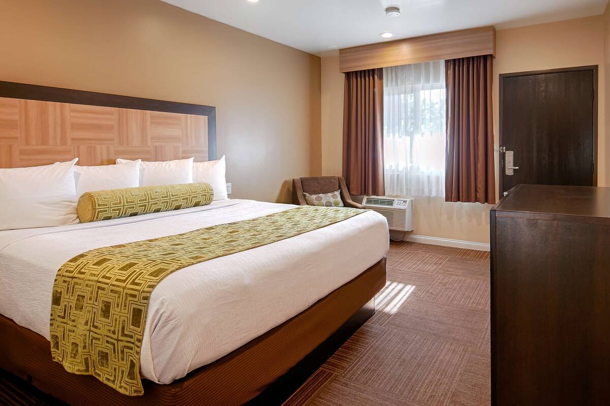 Une chambre d’hôtel avec un grand lit, un bureau, une chaise et un téléviseur.