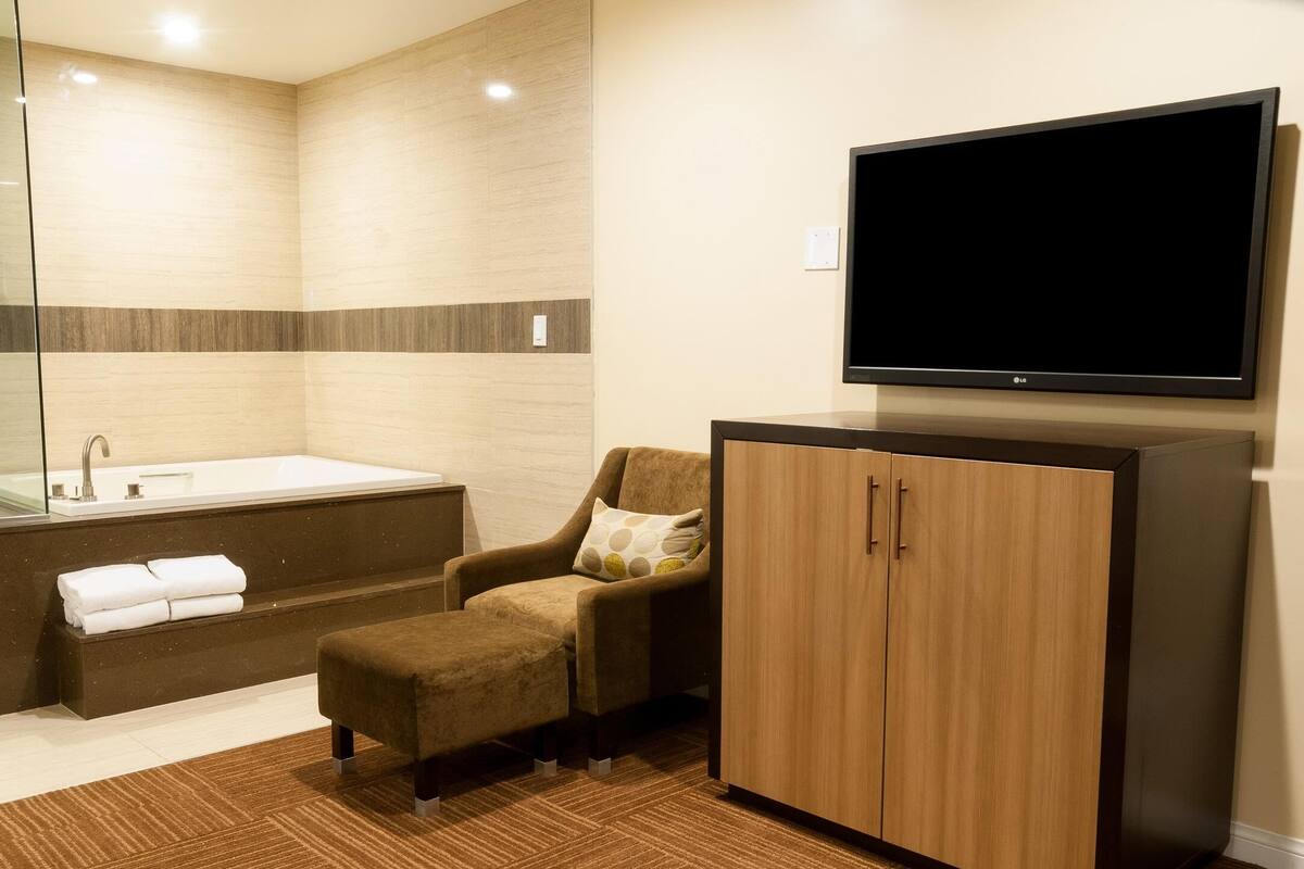 Une salle de bain moderne équipée d’une baignoire, d’un canapé, d’une télévision et d’un meuble.