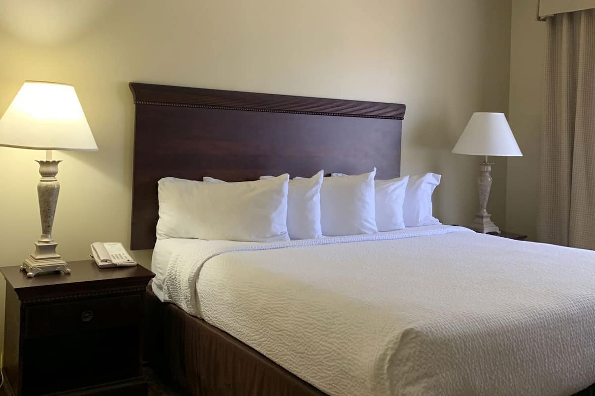 A hotel room with a large bed, two bedside tables with lamps, a telephone, and a patterned carpet.