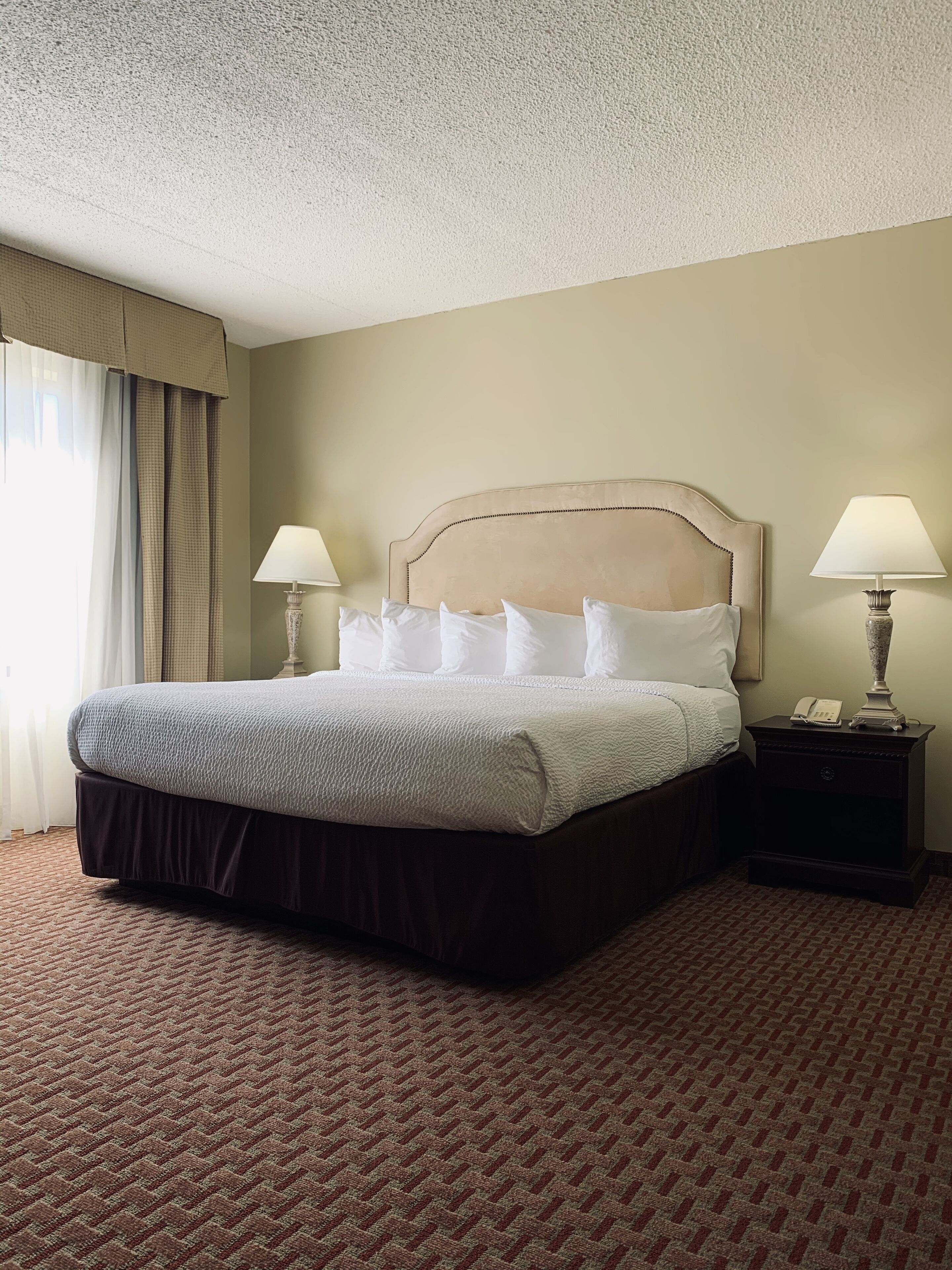 1 bedroom, desk, blackout curtains, iron/ironing board