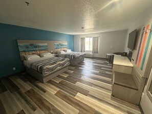 Standard Room, 2 Queen Beds, Non Smoking | Desk, laptop workspace, iron/ironing board, bed sheets